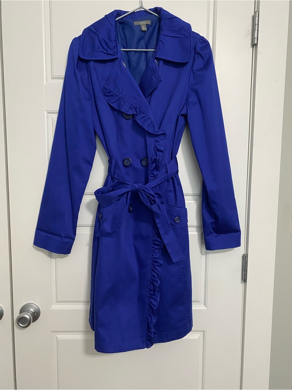 Apt. 9 Royal Blue Ruffle-Trim Double-Breasted Trench